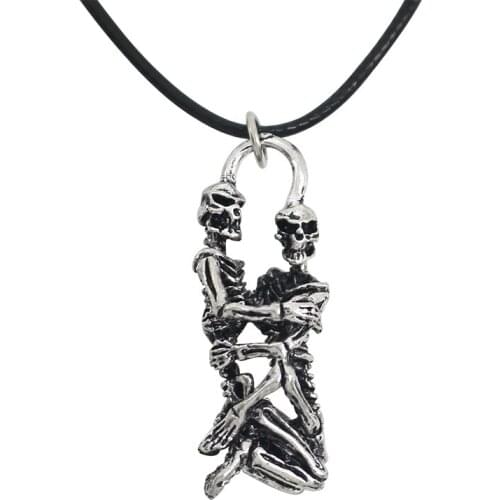 Fashion Retro Punk Style Couple Skull Embrace Pendant Black Leather Rope Necklace Valentines Day Jewelry Direct