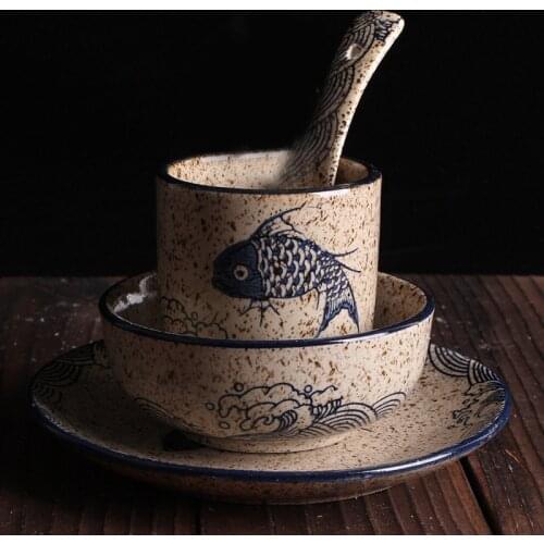 4PCS/set Wholesale Price Japanese Hand-Painted Ceramic Fish Design Spoon Plate Bowl Mug Set