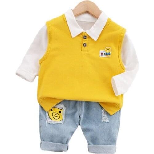 2021 New Childrens Clothing Kidss Vest Suit Boy Clothes Baby Girl Toddler Suits Cartoon Three-piece Sets Vest Top + Jeans