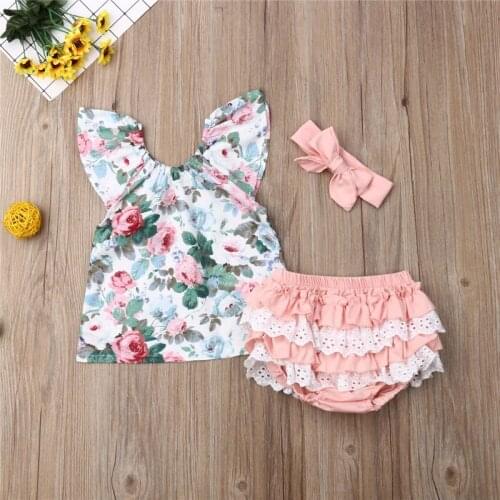 Toddler Kids Baby Girl clothes round neck sleeveless pullover Floral print Tops Lace Ruffle Shorts bow solid Headband 3pc Outfit