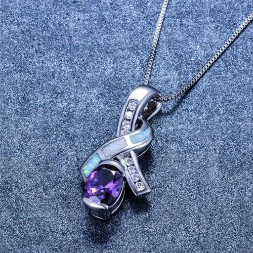Purple Crystal Oval Zircon Necklace Geometric White Blue Opal Stone Pendant Necklace Boho Silver Color Chain Necklaces For Women