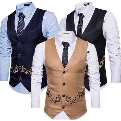 Luxury Men Embroidered Smart Casual Slim Fit Vest Autumn Waistcoat Tops Workwear Party Banquet Navy Blue Black Coffee S-2XL