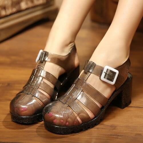 Fashion High Heel Jelly Shoe Sandals 2021 New Summer Women Buckle Strap Transparent Platform Square Heel Sandals