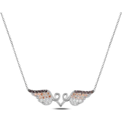 Silver 925 Sterling Wing & Heart Zircon Stone Necklace