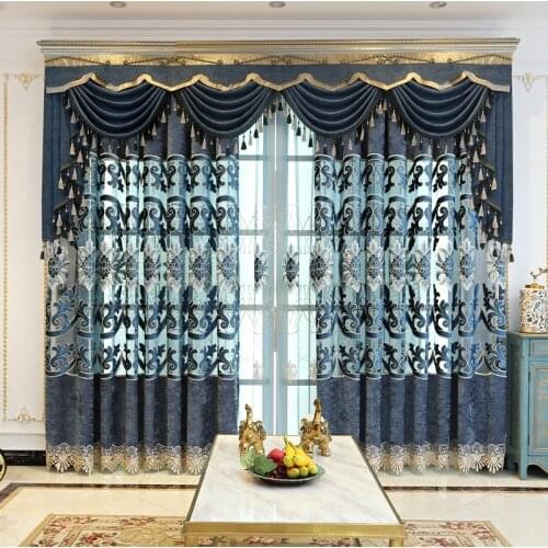 European Style Curtains for Living Dining Room Bedroom Chenille Large Hollow Embroidered Curtains Finished Product Customization