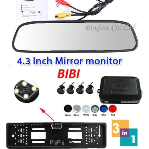3 in 1 Auto Video Parking 4 Sensor Assistance System + License Plate Frame Rear View Camera + 4.3 inch LCD Car Mirror Monitor