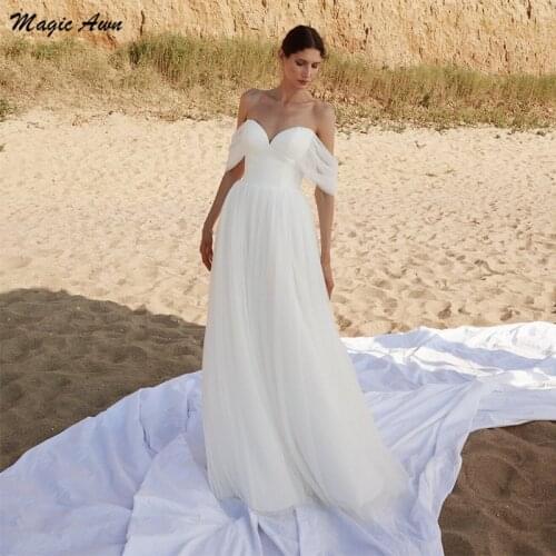 Magic Awn Ivory Boho Wedding Dresses Off The Shoulder 2021 Simple Soft Tulle Beach A-Line Mariage Gowns Cheap Abito Da Sposa