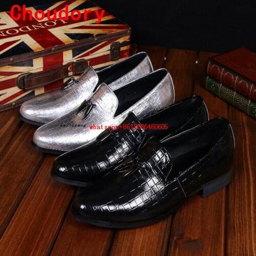 Italian mens shoes brands black sliver genuine leather formal shoes round toe velvet loafers slippers mocassin homme dress shoes