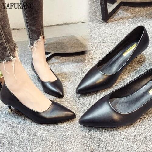 Womens Matte Leather Shoes 5Cm Mid Heel High Heels Classic Black Thin Heels Pumps for Office Ladies Work Shoes Plus Size 34-43