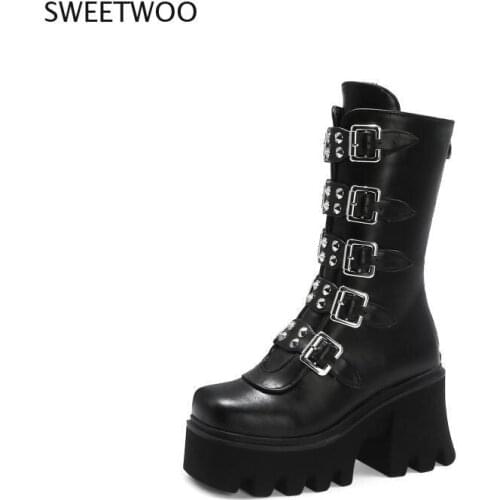 Winter Gothic Punk Womens Platform Boots Black Buckle Strap Zipper Creeper Wedges Shoes Mid Calf Military Combat Boots U542