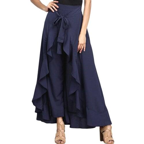 Ladies 2021 casual ruffled drawstring trousers elegant high waist irregular loose solid color autumn womens hakama
