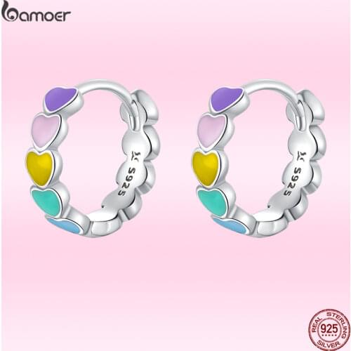 Bamoer Genuine 925 Sterling Silver Rainbow Color Enamel Heart Hoop Earrings for Women New Fashion Ear Hoop Female Jewelry GXE909