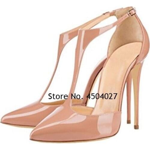 Sexy Nude Black Patent Leather Women Pumps Pointed Toe Ladies Shoes Woman T-strap Stiletto High Heels