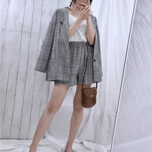 Summer Plaid Two-pieces Women Suit Casual Plaid Female Blazer Suits Chic 2020 Office Ladies Loose Blazer Coats and Shorts Sets