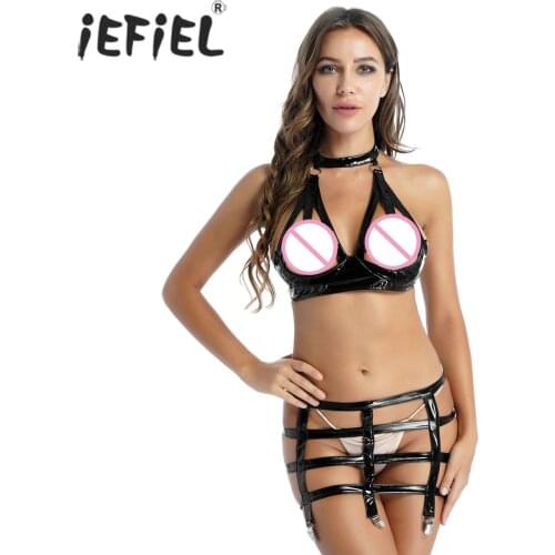 Women Glossy Cutout Sexy Lingerie Costume Ladies Strappy Halter Hole Crop Bra Tops with Hallow Out Leotard Garters for Nightclub