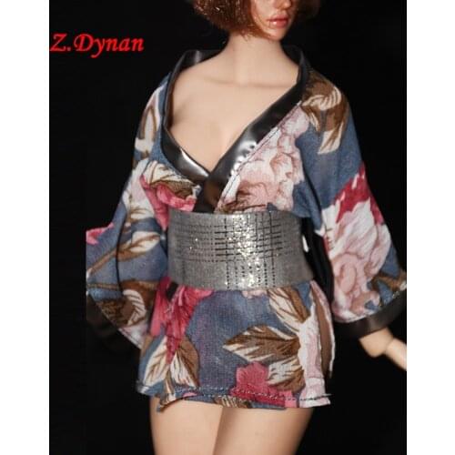 1/6 Female black short dress Japanese cherry kimono ultra-thin gauze high slit kimono Set Fit 12" TBL Figure Body jiaou dolls