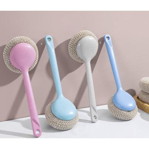2Pcs Wheat Straw Ball Cleaning Brush with Long Detachable Handle Kitchen Dish Pan Pot Scrubber Household Bathroom Replaceable W