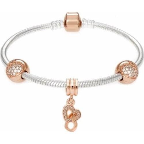 2019 NEW 100% 925 Sterling Silver Rose Gold Heart bracelet Sets Clear CZ Heart Clip Charm Bead fit Bracelet DIY Women Jewelry