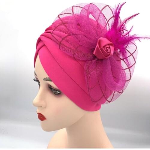2021 Feather Flower Turban Hat for Women Female Headwrap Ready to Wear Hijab Caps Muslim Headscarf Bonnet Turbante Mujer