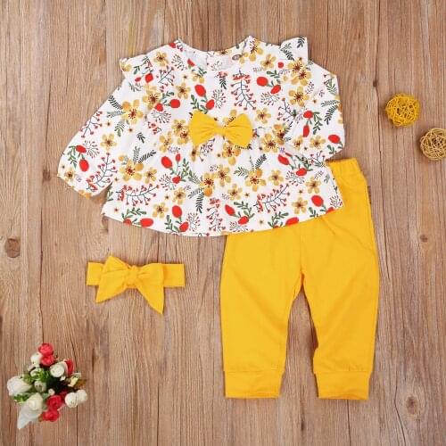3 Pcs Infant Autumn Outfits Toddler Floral Long Sleeve Round Neck Bow Ruffle Top + Solid Color Trousers + Headband