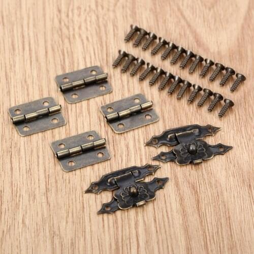 30pcs Antique Bronze Box Latch Hasp Clasps 38*18mm+Hinge 18*16mm w/screws Flower Buckle Padlock Wood Jewelry Case Lock Decor
