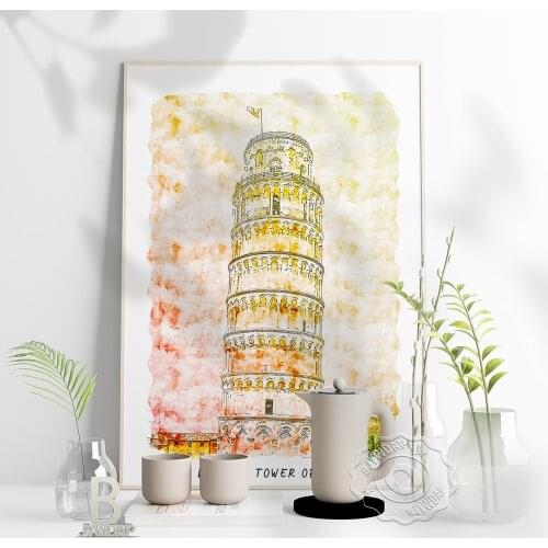 Watercolor City Leaning Tower Of Pisa Poster, Italy Scenery Art Print, Leaning Tower House World Travel Wall Stickers Home Decor