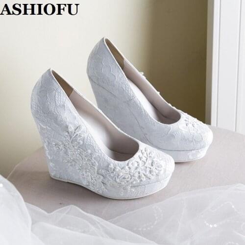 ASHIOFU Handmade New Womens Wedge Heel Pumps Lace Round-toe Shallow Wedding Party Slip-on Shoes Evening Club Fashion Pump Shoes