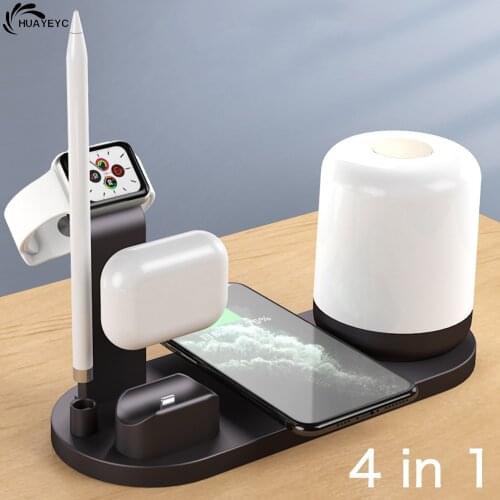 10W Qi Fast Wireless Charger For iPhone 12 Max 11 XR 8 Apple iWatch 6 5 AirPods Pro 4 in 1 Charging Dock Station With Table Lamp