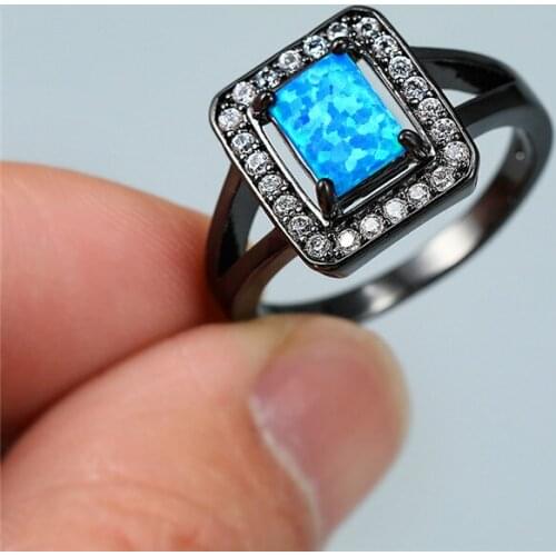 Geometric Square Birthstone Engagement Ring Luxury Female Blue Fire Opal Stone Ring Vintage Black Gold Wedding Rings For Women