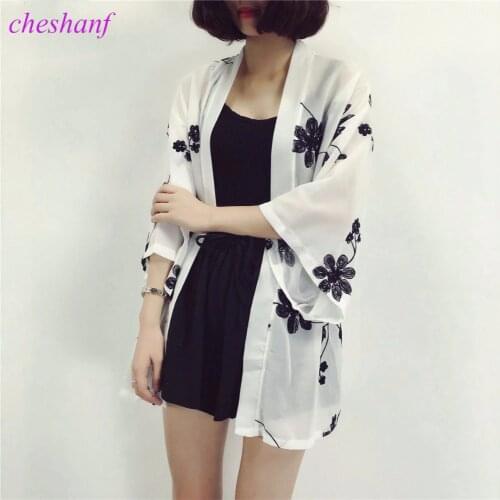 Cheshanf Embroidery Floral Kimono Cardigan Women Summer Beach Chiffon Cardigan White Blue Pink Black Cardigan Female