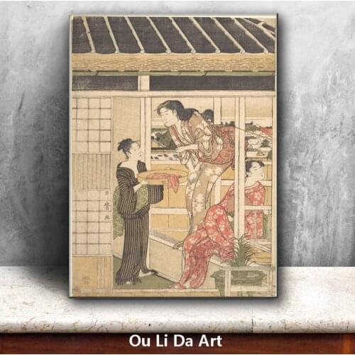 Classical Japan kimono women wooden house oil painting canvas painting printings printed on canvas wall art decoration picture