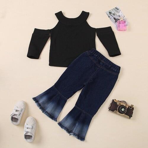 2-8 Years Children Girl 2Pcs Outfit Clothes Set, Solid Long Sleeve Off-shoulder Knitted Top with Flared Long Denim Pants