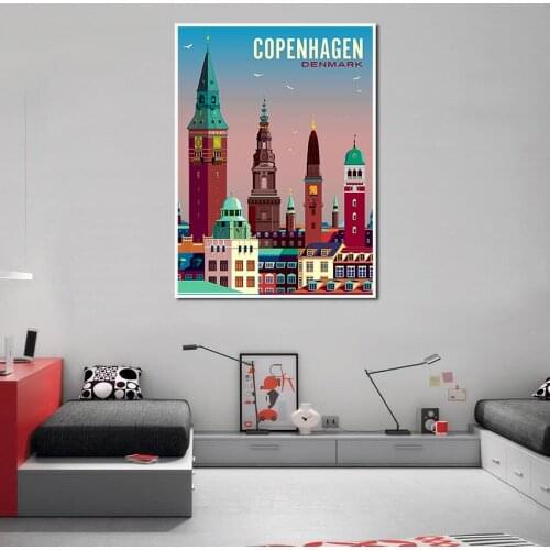 Copenhagen Denmark City Travel Poster Cartoon Architecture Building Canvas Painting On The Wall Art Pictures for Living Room