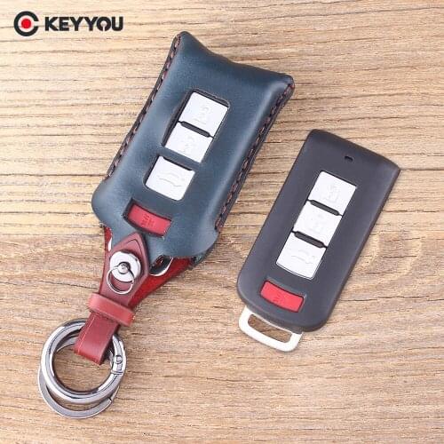 KEYYOU Leather Key Case 3+1 4 Buttons Remote Key Shell Fob For Mitsubishi Lancer EX Outlander Pajero Protector Key Cover Bag