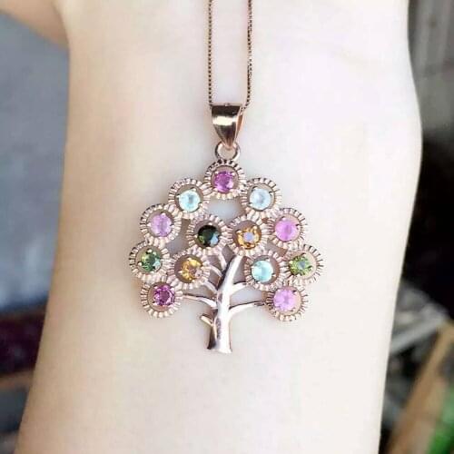 Natural multicolor tourmaline pendant S925 silver Natural gemstone Pendant Necklace trendy Christmas tree women girl jewelry