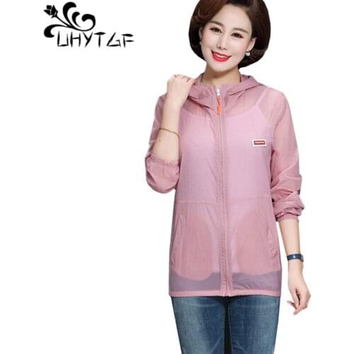 UHYTGF Elegant Women Summer Jacket Fashion Hooded Thin Sun Protection Clothing Long Sleeve Breathable Outdoor Plus Size Top 1153