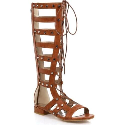 2020 Summer Roman Open Toe Cross-tied Flat Bottom Heel Casual Womens Sandals High Tube Sandals Women