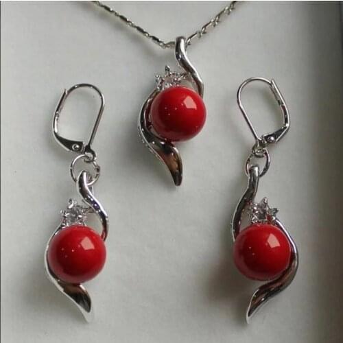 Fashion temperament womens silver plated inlaid white zircon + 10 mm red Shell Pearl Earrings + Pendant Set