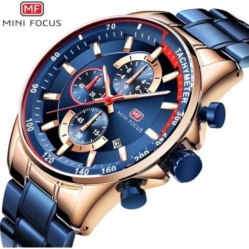 MINI FOCUS New Fashion Mens Watches Stainless Steel Top Brand Luxury Sports Chronograph Quartz Watch Men Relogio Masculino Blue