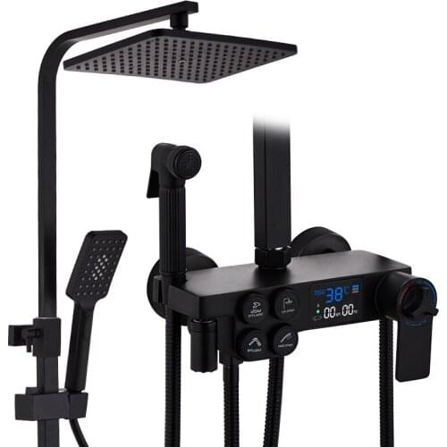 Danga Black Display Thermostatic Shower Faucet Set Rainfall Bathtub Tap With Bathroom Shelf Water Flow Produces Electricity