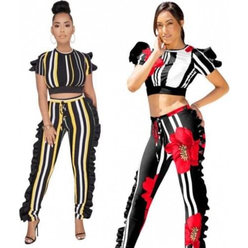 Sexy Women 2021 Fashion Stripe Printed Two-Piece Set Ruched Short Sleeve Crop Top And Pants Matching 2 Piece Outfits Tracksuit