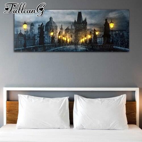FULLCANG Old city night scenery diy 5d full square round diamond embroidery sale large mosaic painting home decoration FC2873