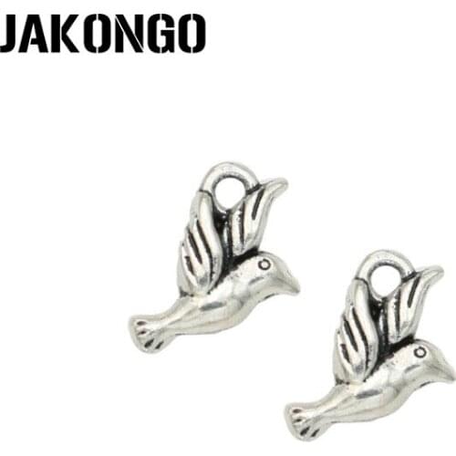 JAKONGO Antique Silver Plated Flying Birds Charm Pendants for Jewelry Accessories Making Bracelet Handmade DIY 12x11mm
