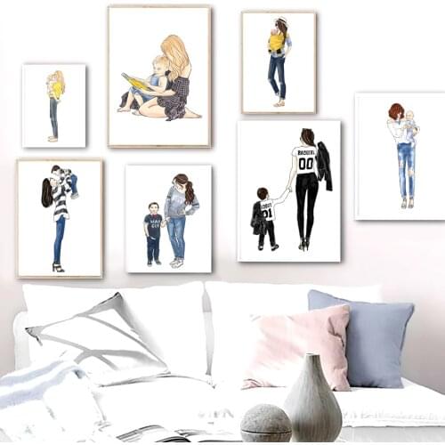 Family Mother And Son Book Hat Baby Figure Nordic Posters And Prints Wall Art Canvas Painting Wall Picture For Living Room Decor