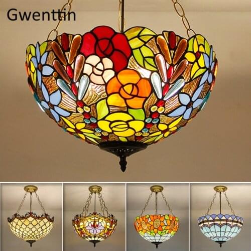 Tiffany Stained Glass Pendant Light Home Deco Mediterranean Hanging Lamp for Living Room Bedroom Modern Light Fixtures Luminaire