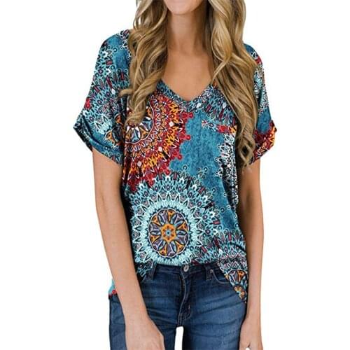 Women Clothing Summer Floral Printed Loose V Neck Top Mid-Length Short-Sleeved Tee Shirt Fashion Vintage T Shirt Femme One Piece
