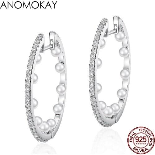 Anomokay Trendy White Zircon Round 925 Silver Earrings for Women Gift 925 Sterling Silver Freshwater Pearls Earring for Party