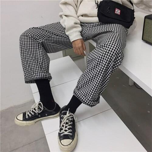 WomenS Loose Trousers Autumn Harajuku Lattice Ins Street Clothing Trend Loose Casual Pants WomenS Wide-Leg Trousers