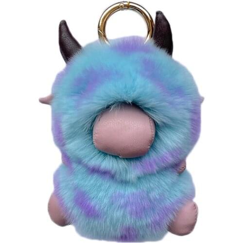 Cow Animal Furry Real Rex Rabbit Fur Keychain Cute Colorful Leopard Fluffy Monster Women Key Ring Bag Charm