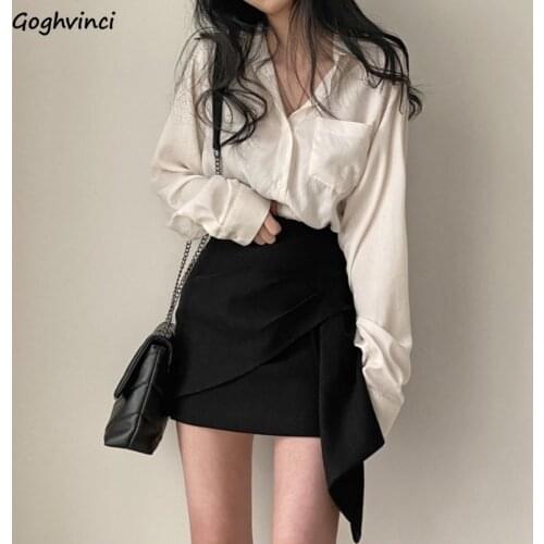 Women Sets Long Sleeve Solid Shirts Irregular Mini Skirts Females Two Piece Sets OL Slim Sexy Korean Style Chic Stylish Slender